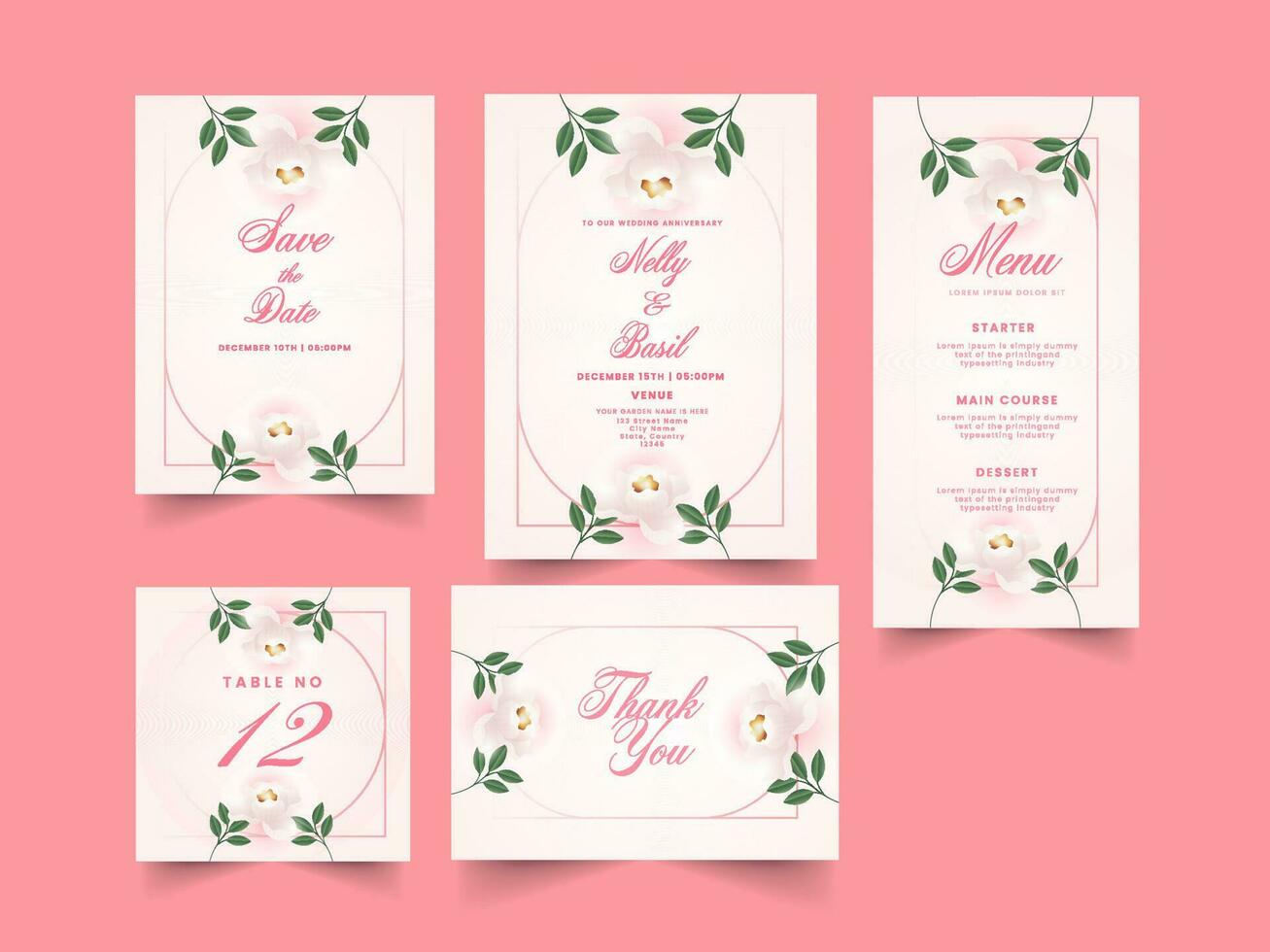 einstellen von Blumen- Hochzeit Einladung Karte Vorlage Layout auf Rosa Hintergrund. vektor