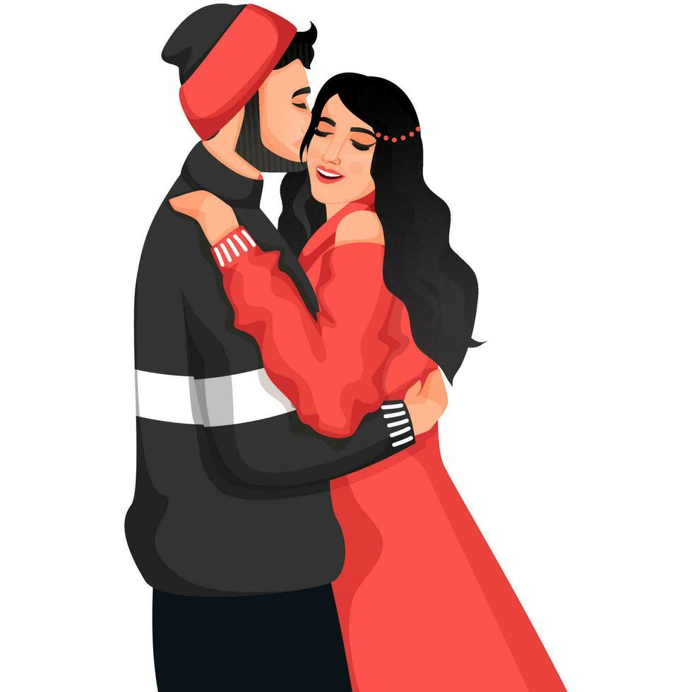 Illustration von jung Mann Umarmen und Kuss zu seine Freundin auf Weiß Hintergrund. vektor