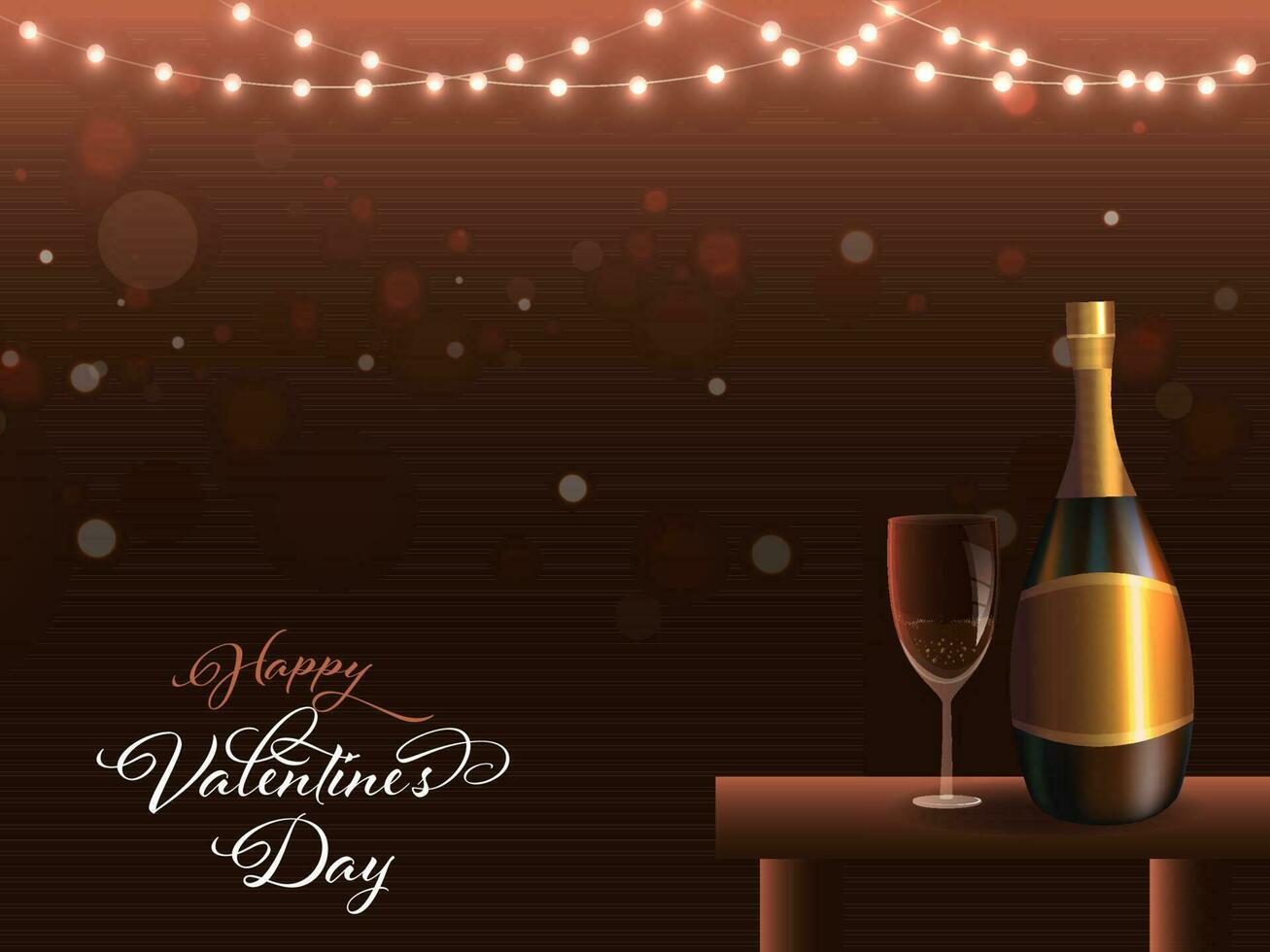 glücklich Valentinstag Tag Kalligraphie mit realistisch Champagner Flasche, Glas und Beleuchtung Girlande dekoriert auf braun Hintergrund. vektor