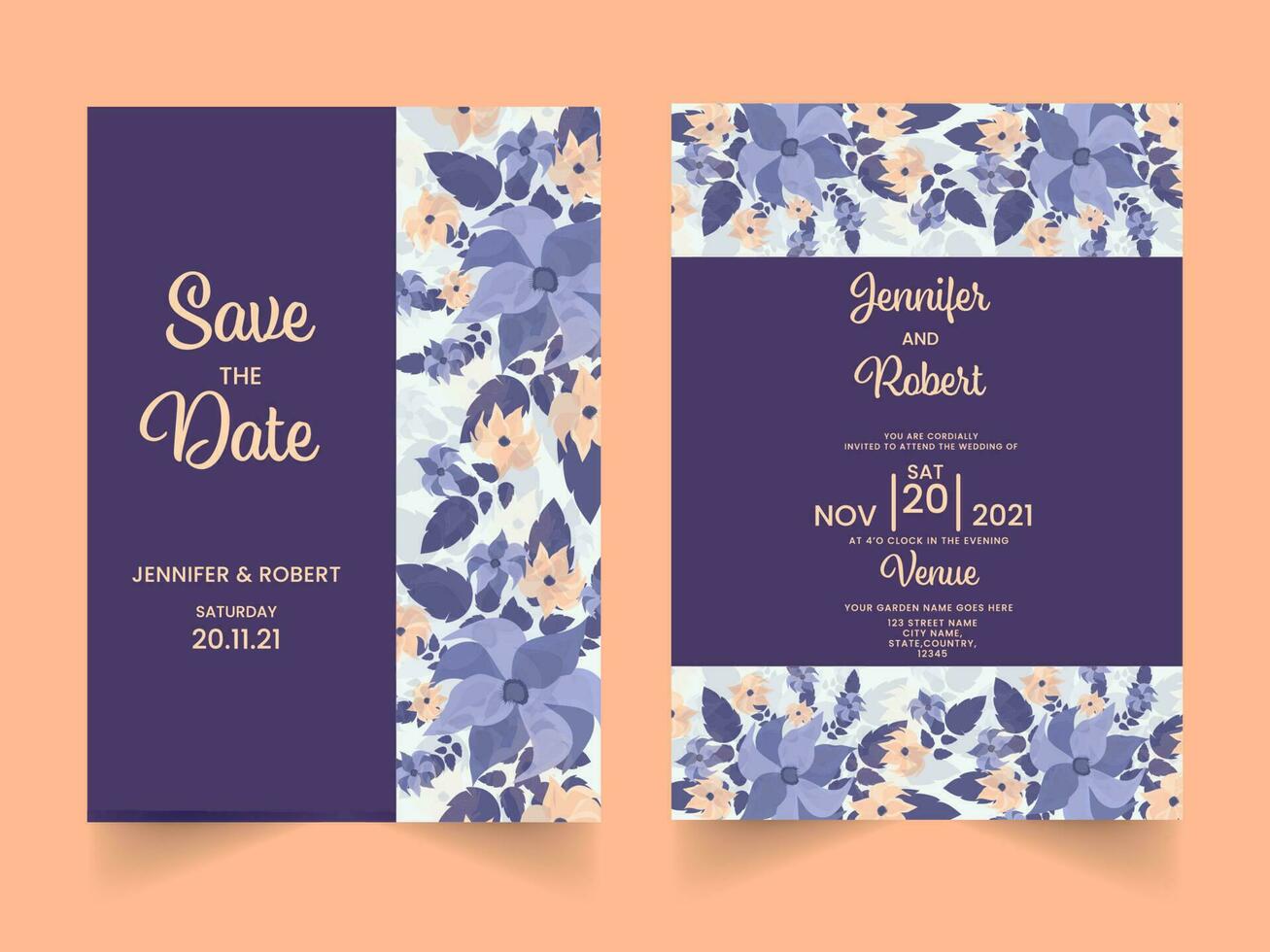 Blumen- Hochzeit Einladung Karte und speichern das Datum Vorlage auf Orange Hintergrund. vektor