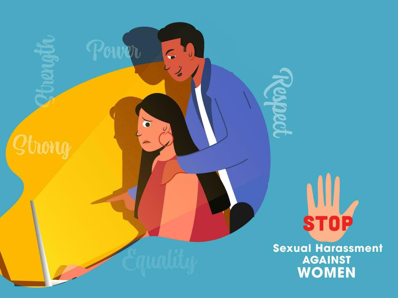 halt Sexual- Belästigung gegen Frauen Konzept mit Mann Schulter berühren Frau beim Arbeitsplatz. vektor