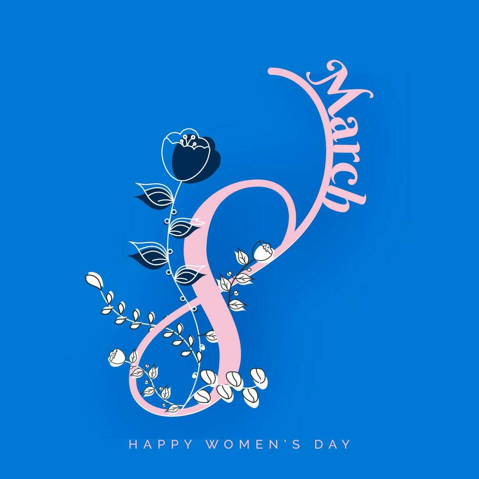 kreativ 8:e Mars text dekorerad med blommig på blå bakgrund för Lycklig kvinnors dag begrepp. vektor