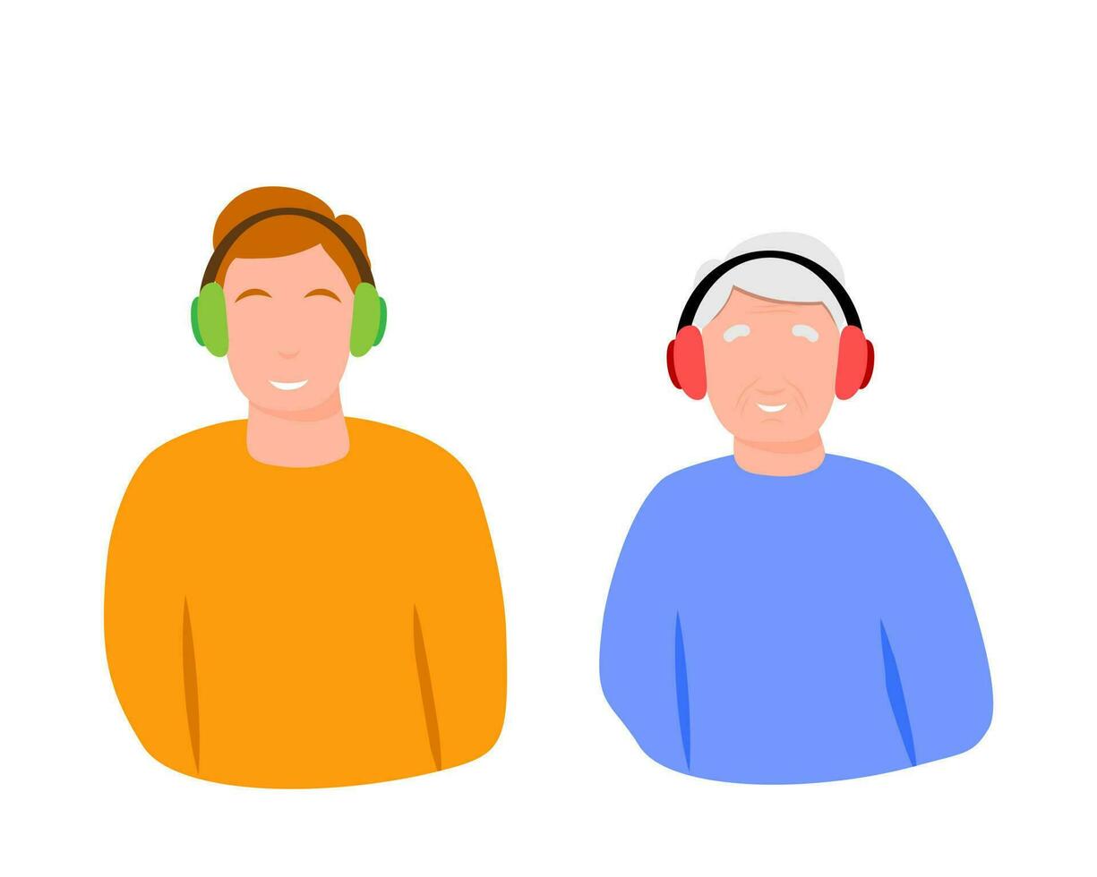 jung Junge und alt Mann Charakter einstellen mit Kopfhörer Hören Musik- Vektor Konzept. eben bunt Illustration isoliert auf Weiß Hintergrund.