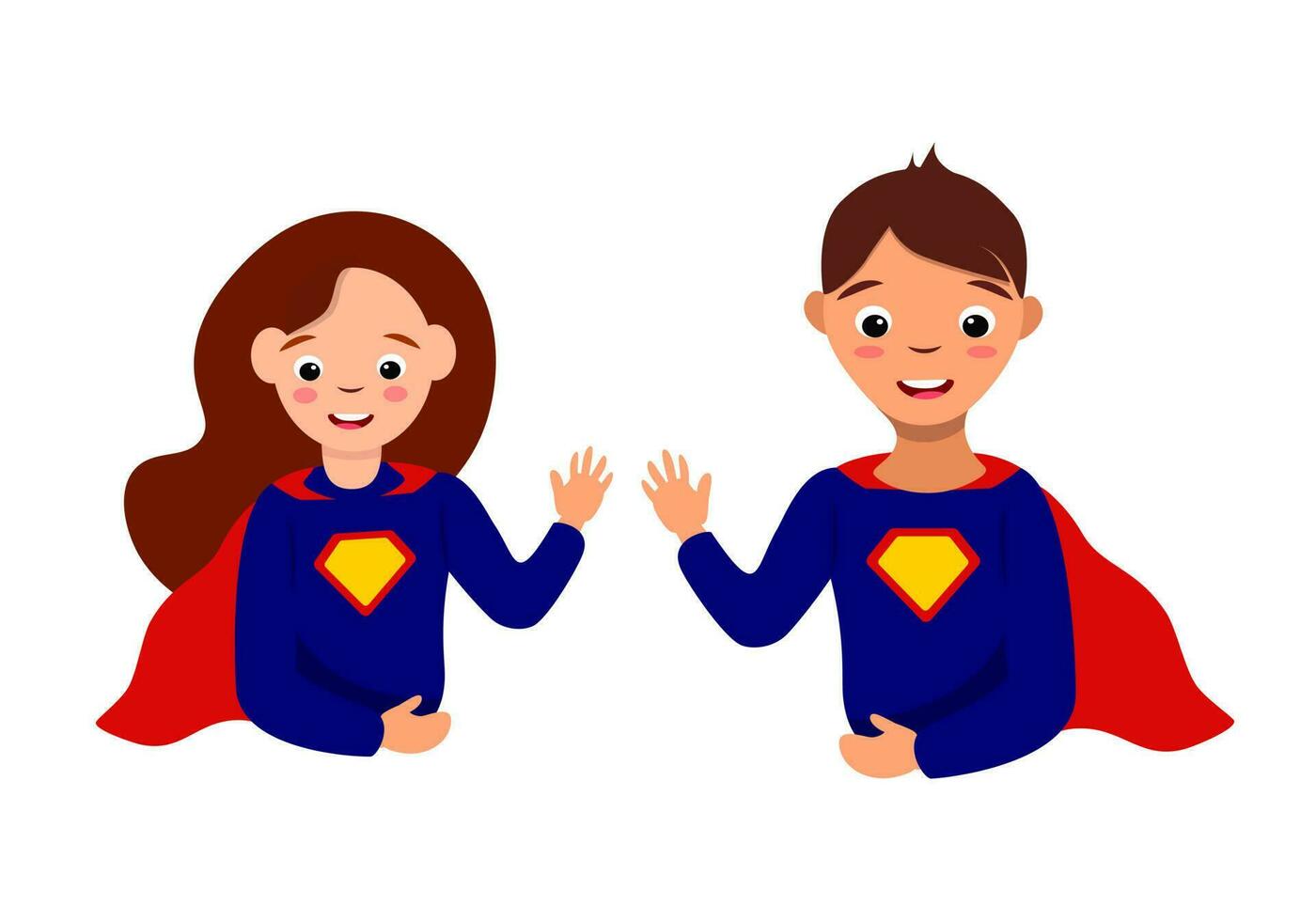 super man och kvinna tecken uppsättning, vektor illustration isolerat på vit bakgrund. super hjälte pojke och flicka person, färgrik tecknad serie fest kostym.