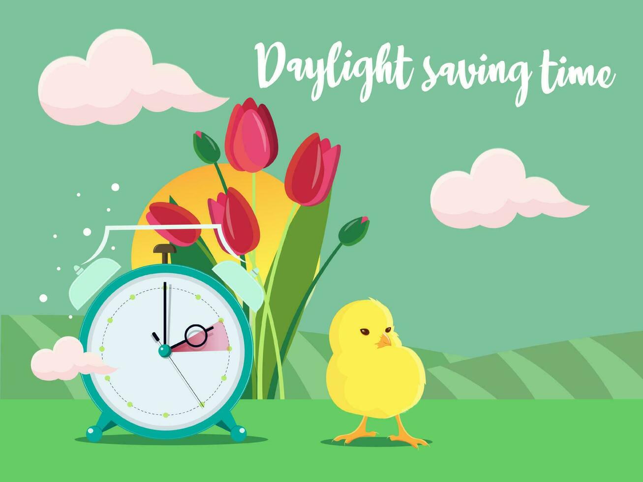 Tageslicht Speichern Zeit Banner. Uhren Bewegung nach vorne. Tulpen und Hähnchen in der Nähe von das Uhr. Frühling Uhr Veränderung Konzept. Karikatur Vektor Illustration.