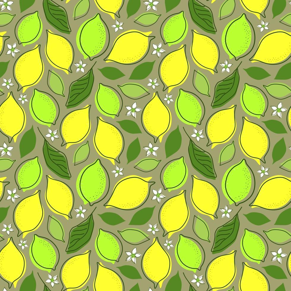 nahtloser grauer Hintergrund mit Zitronenfrüchten und Blättern vektor
