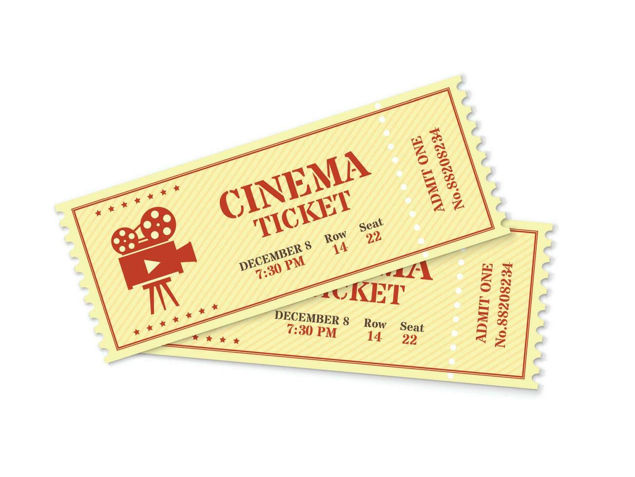 två bio biljetter, realistisk film biljett mockup. gammal årgång bio visa ingång passera, filma festival antagning kupong vektor mall