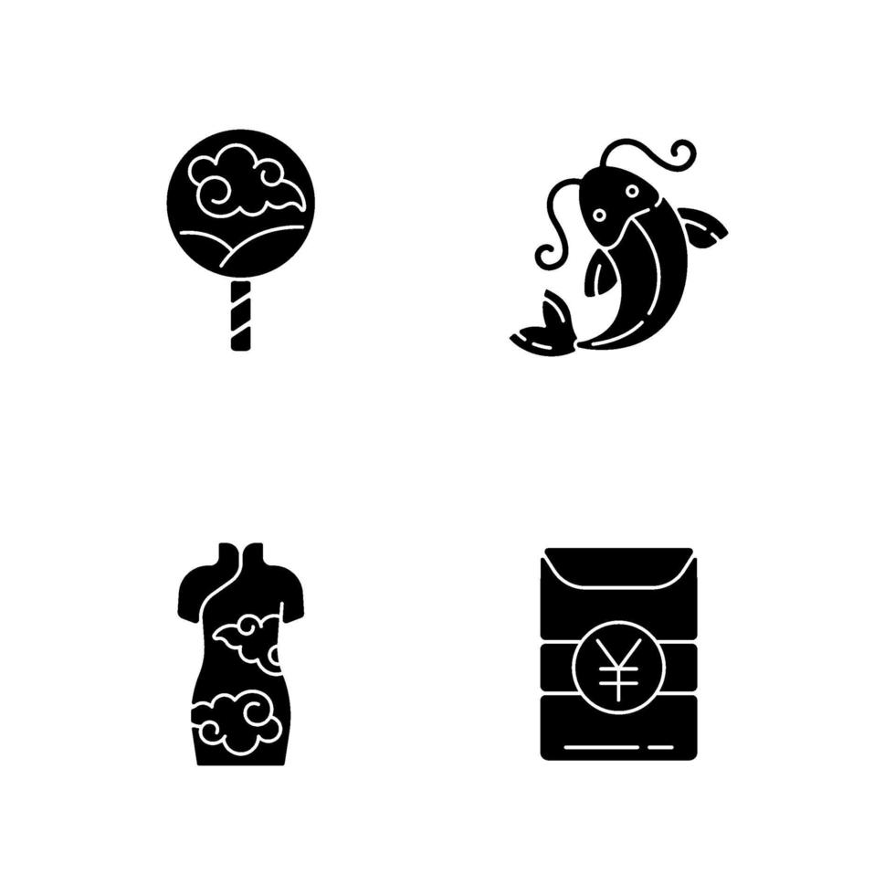 asiatiska traditioner svart glyph ikoner som på vitt utrymme vektor