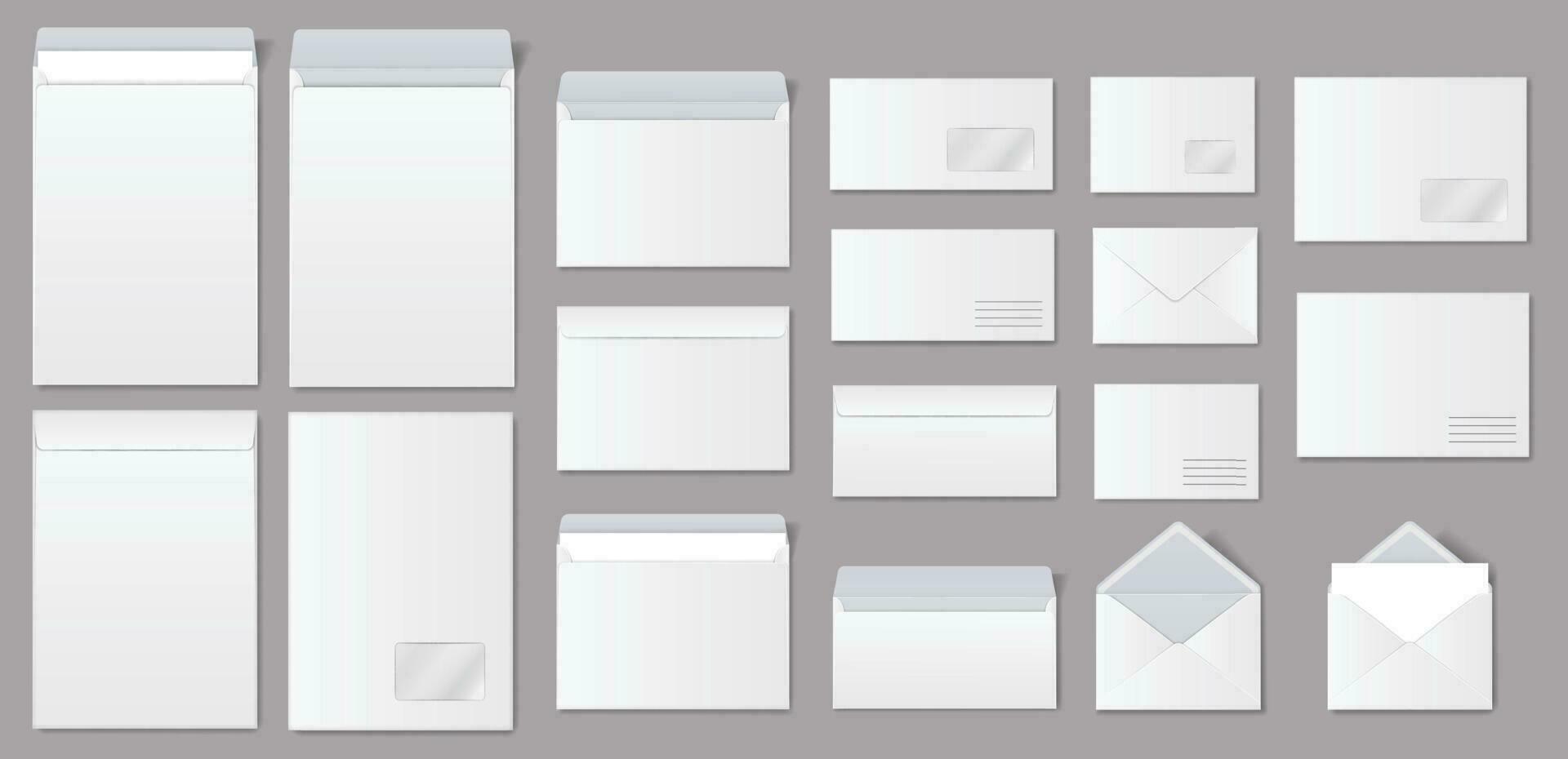 realistisk papper kuvert, vit tom utskick kuvert med brev. öppen och stängd kuvert i annorlunda storlekar vektor attrapp uppsättning