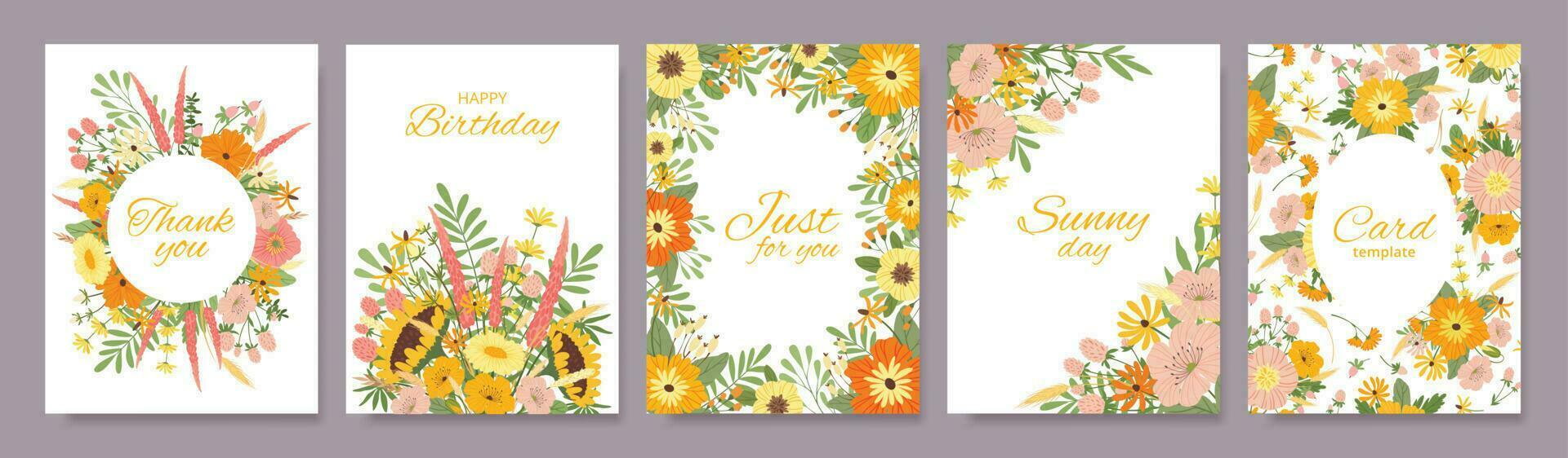 Blumen- Gruß Karten mit Frühling blühen Blumen, botanisch Muster Karte. Wildblumen Hintergrund Geburtstag einladen, Poster Vorlage Vektor einstellen
