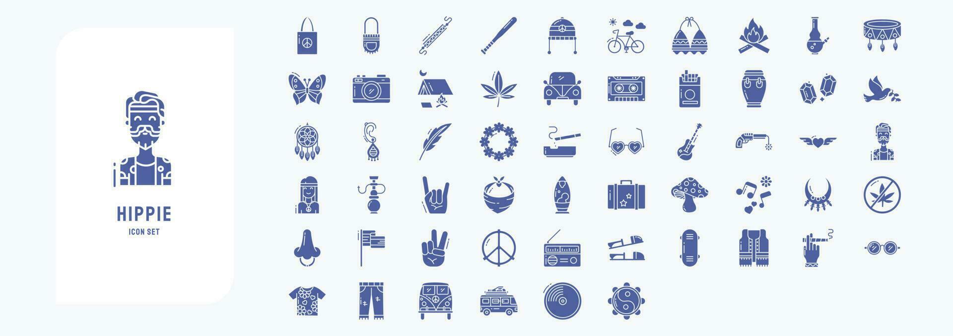 hippie ikon uppsättning Inklusive ikoner tycka om väska, baseboll, fred, cykel, bikini och Mer vektor