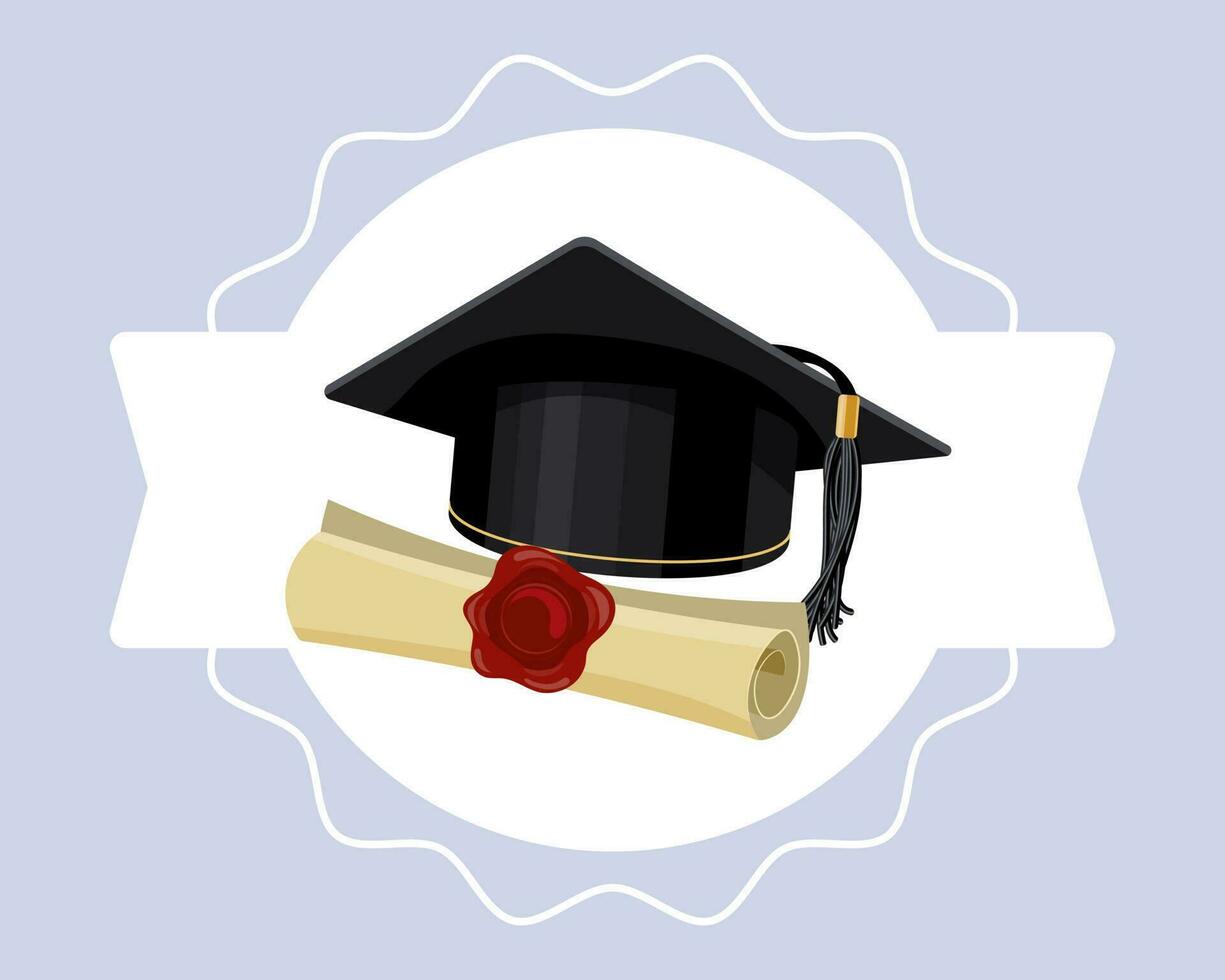 gradering keps och diplom på en vit band. utbildning begrepp. illustration, ikon, vektor