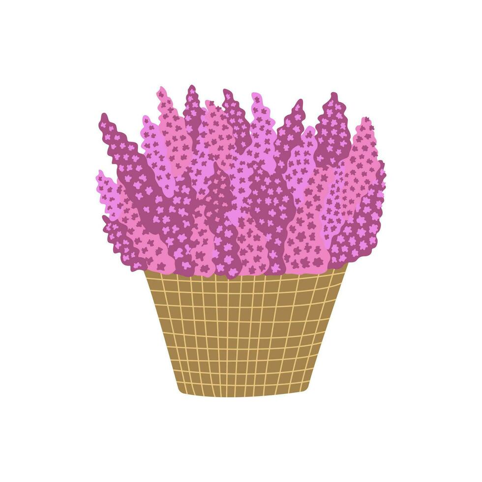 Topf mit Lavendel oder lila Blumen. Vektor Hand gezeichnet