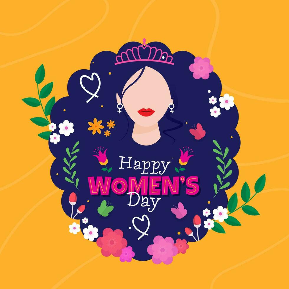 Lycklig kvinnors dag begrepp med ansiktslös kvinna ha på sig tiara, blommor, löv dekorerad på blå och gul bakgrund. vektor