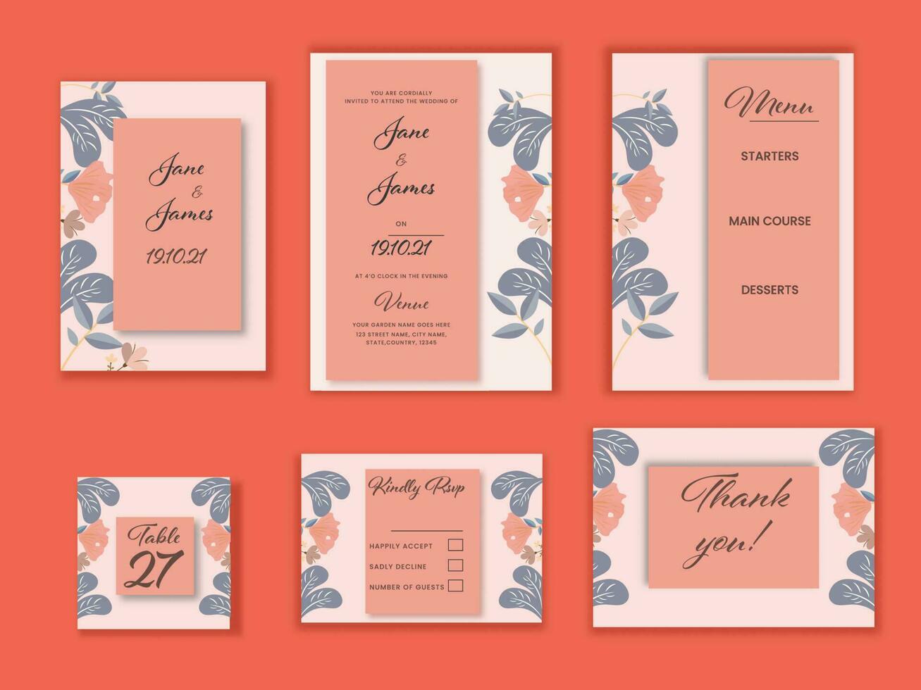 Hochzeit Einladung Suite Vorlage Layout auf Orange Hintergrund. vektor