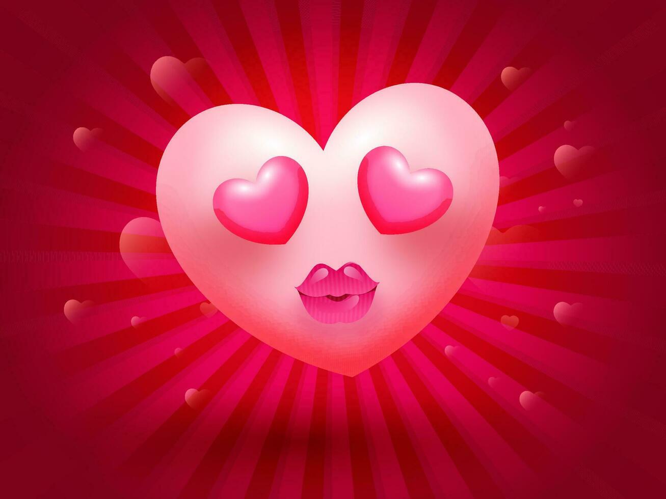 glänzend Rosa Herz Emoji Kuss auf rot Strahlen Hintergrund. vektor