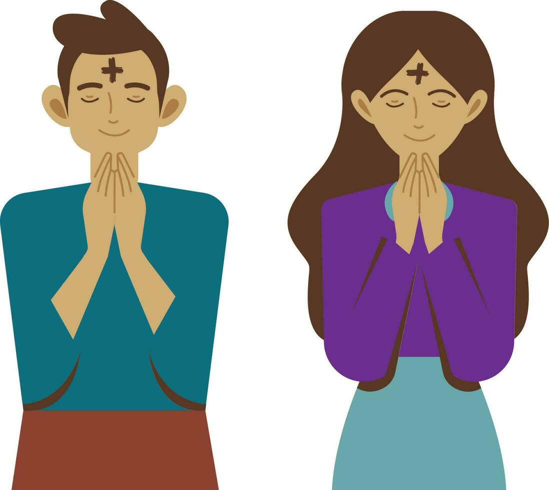 Mann und Frau beten zusammen. Vektor Illustration isoliert auf Weiß Hintergrund