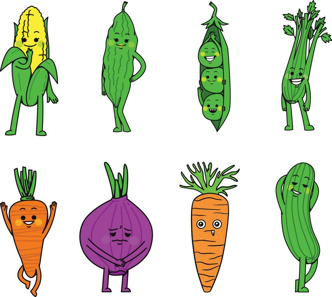 Gemüse Satz. süß Karikatur Figuren. Hand gezeichnet Vektor Illustration.