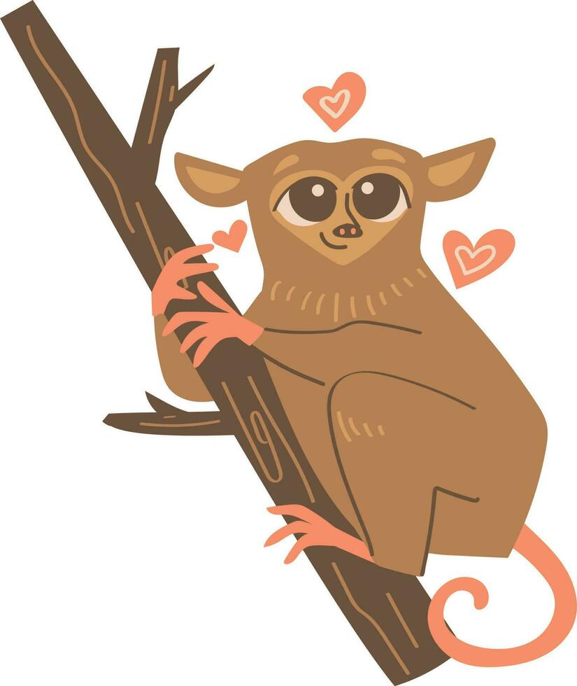 süß Karikatur Tarsier auf ein Baum Ast mit Herzen. Vektor Illustration