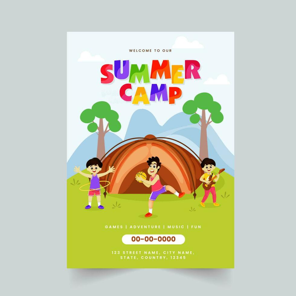 Sommer- Lager Broschüre Vorlage Design mit Kinder spielen im Vorderseite von Zelt und Tagungsort Einzelheiten. vektor