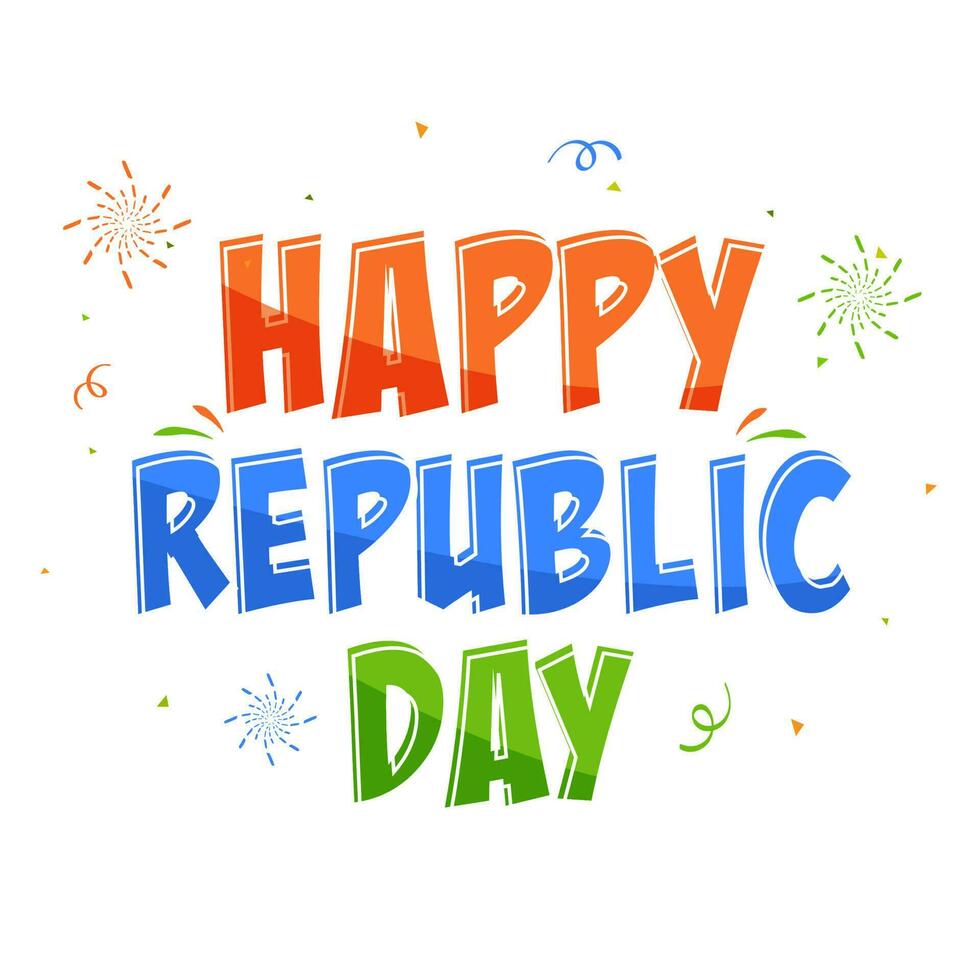 bunt glücklich Republik Tag Schriftart mit Feuerwerk bewirken auf Weiß Hintergrund. vektor