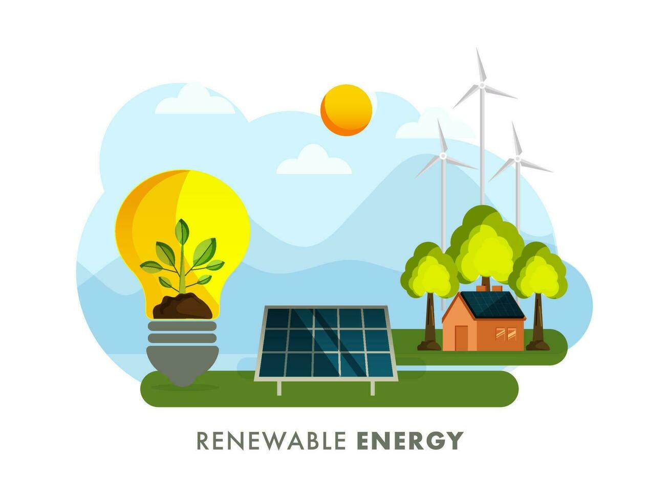 verlängerbar Energie Konzept mit Öko Birne, Solar- Tafel, Haus, Windmühle auf Sonne Natur Hintergrund. vektor