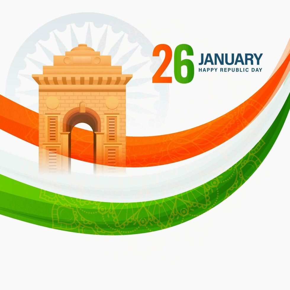 26 .. Januar, glücklich Republik Tag Konzept mit Indien Tor Monument, dreifarbig Welle auf Weiß Ashoka Rad Hintergrund. vektor