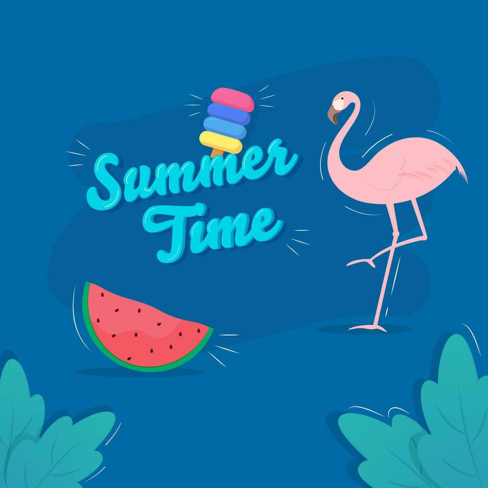 Sommer- Zeit Schriftart mit Eis Creme, Wassermelone Scheibe, Flamingo und Blätter auf Blau Hintergrund. vektor