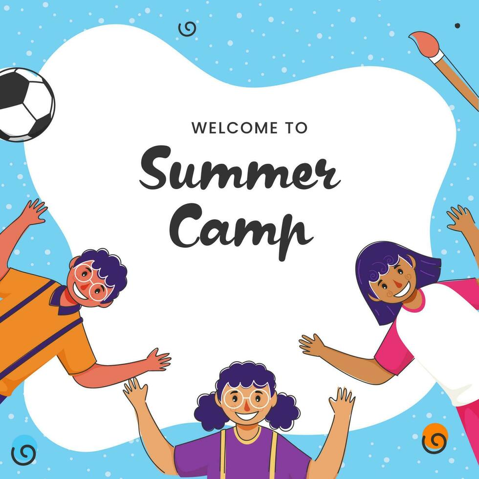 herzlich willkommen zu Sommer- Lager Poster Design mit heiter Kinder erziehen Hände oben auf Weiß und Blau Hintergrund. vektor