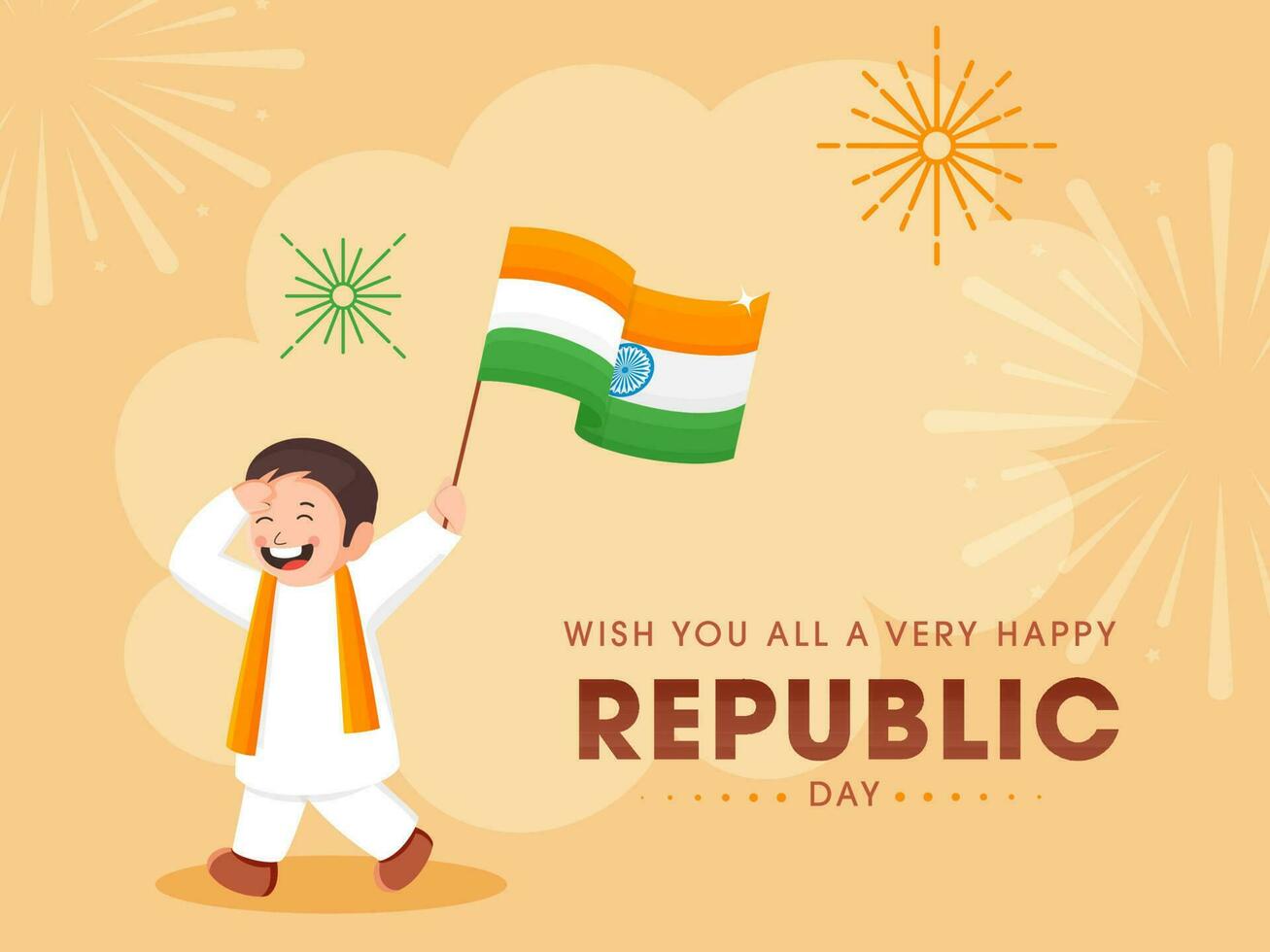 glücklich Republik Tag wünsche Karte mit salutierte heiter Junge halten Indien Flagge auf Orange Feuerwerk Hintergrund. vektor