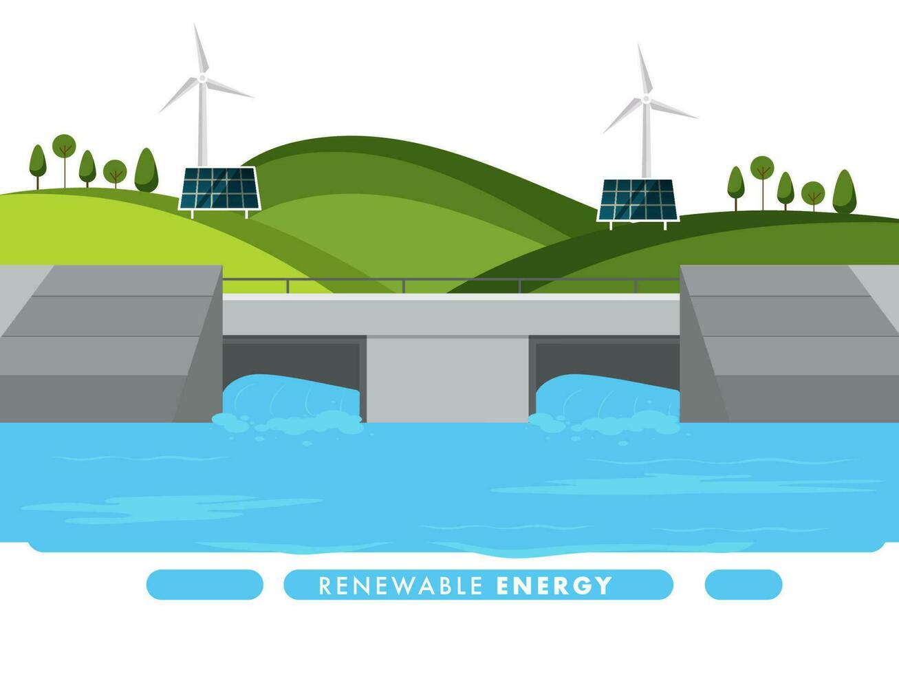 förnybar energi begrepp med sol- panel, väderkvarn och naturlig landskap bro bakgrund. vektor