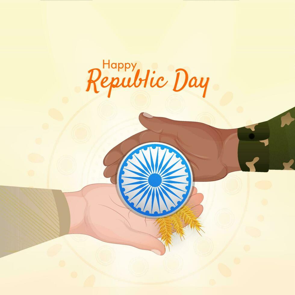 glücklich Republik Tag Konzept mit Mensch Hände halten Ashoka Rad, Weizen Ohren auf Gelb Hintergrund. vektor