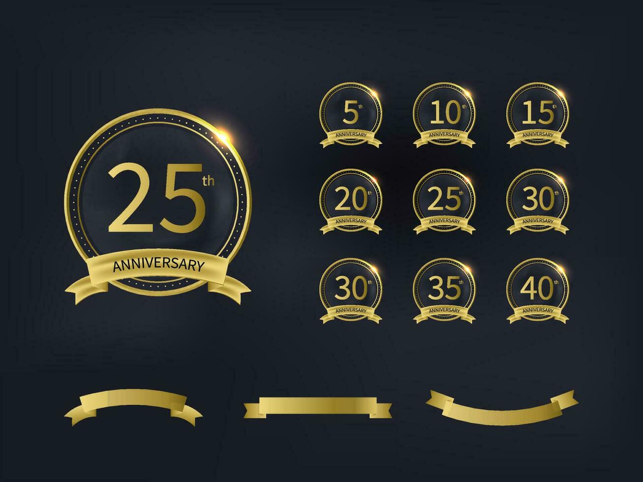 Jahrestag Emblem einstellen mit Zahlen und golden Band auf schwarz Hintergrund. vektor