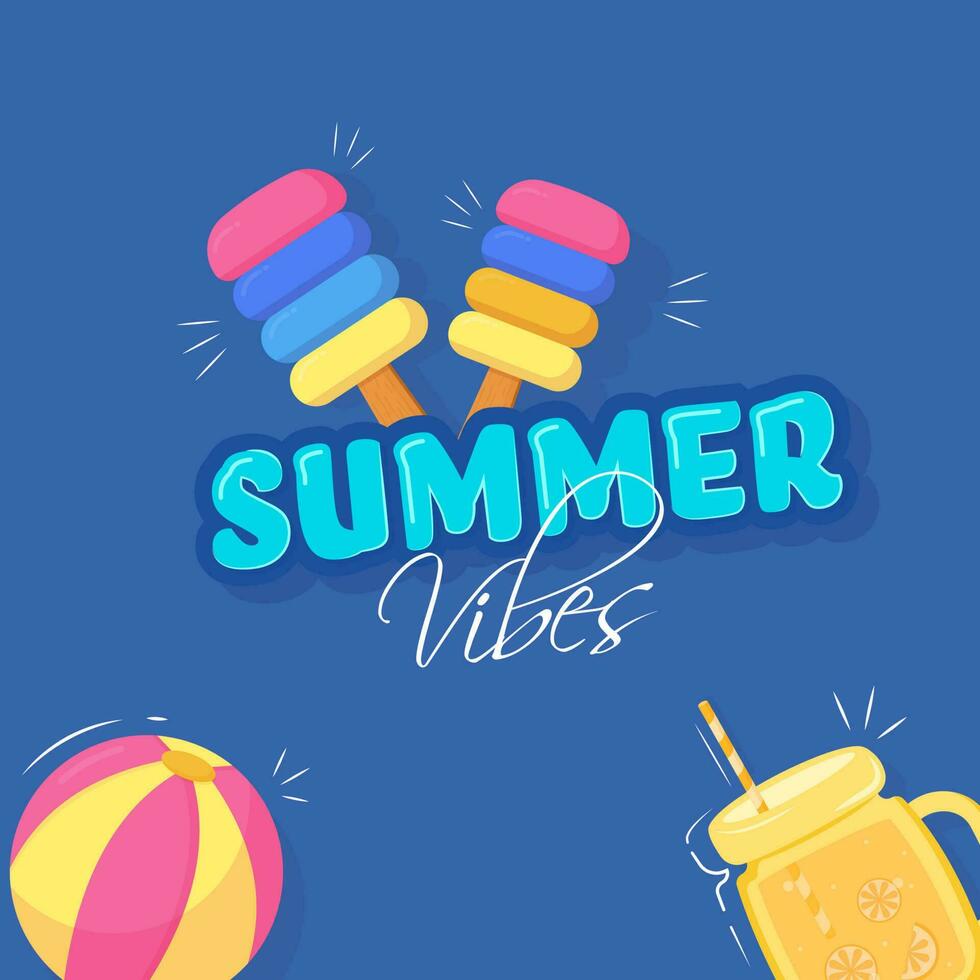 Sommer- Stimmung Schriftart mit Eis Cremes, Strand Ball und Krug Illustration auf Blau Hintergrund. vektor