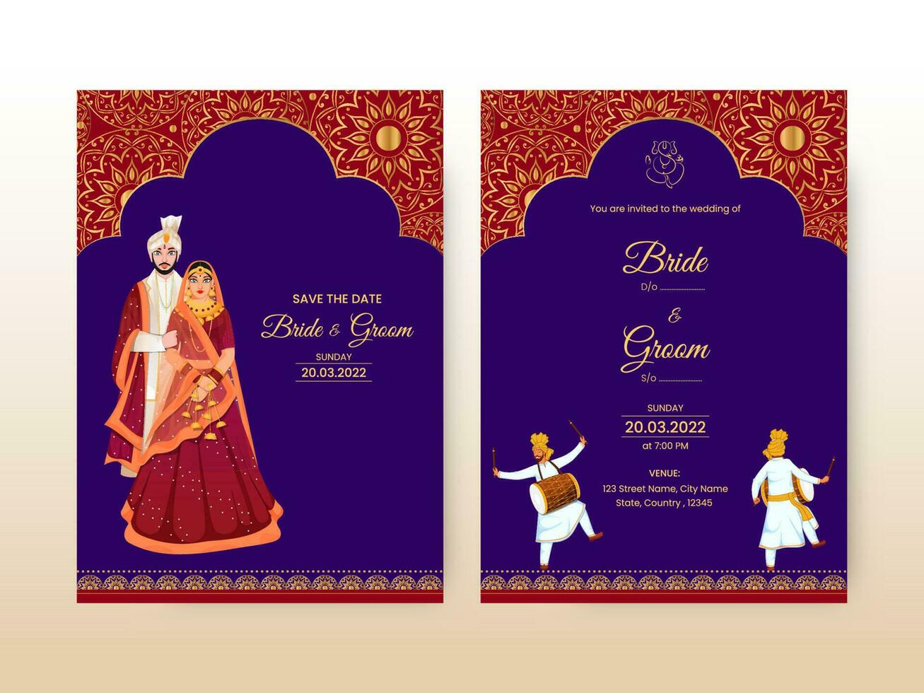 blommig bröllop inbjudan kort med indisk brudgum karaktär i främre och tillbaka se. vektor