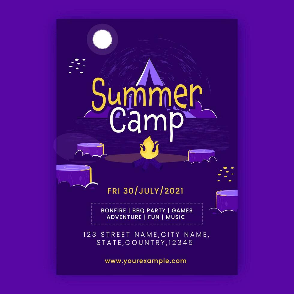 Sommer- Lager Einladung, Poster Design mit Tagungsort Einzelheiten im lila Farbe. vektor