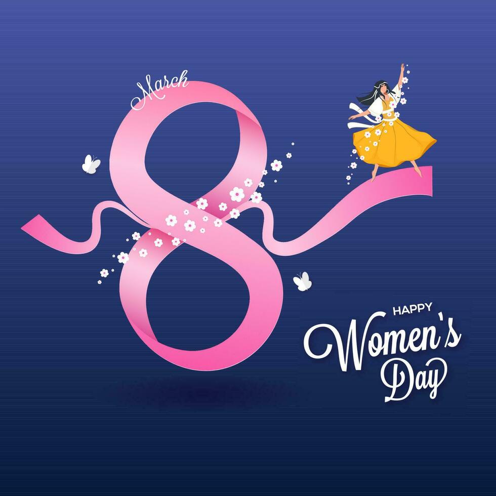 Mars av 8 siffra form förbi rosa band med ung flicka karaktär på blå bakgrund för Lycklig kvinnors dag begrepp. vektor