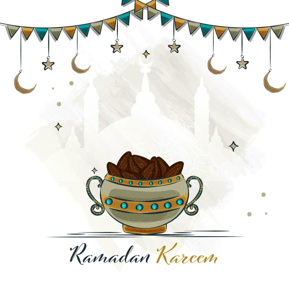 ramadan kareem begrepp med skål full av datum, halvmåne månar, stjärnor hänga och flaggväv flaggor på vit silhuett moské grunge bakgrund. vektor