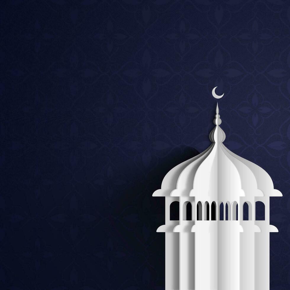 vit papper skära moské på blå blommig mönster bakgrund för islamic festival begrepp. vektor