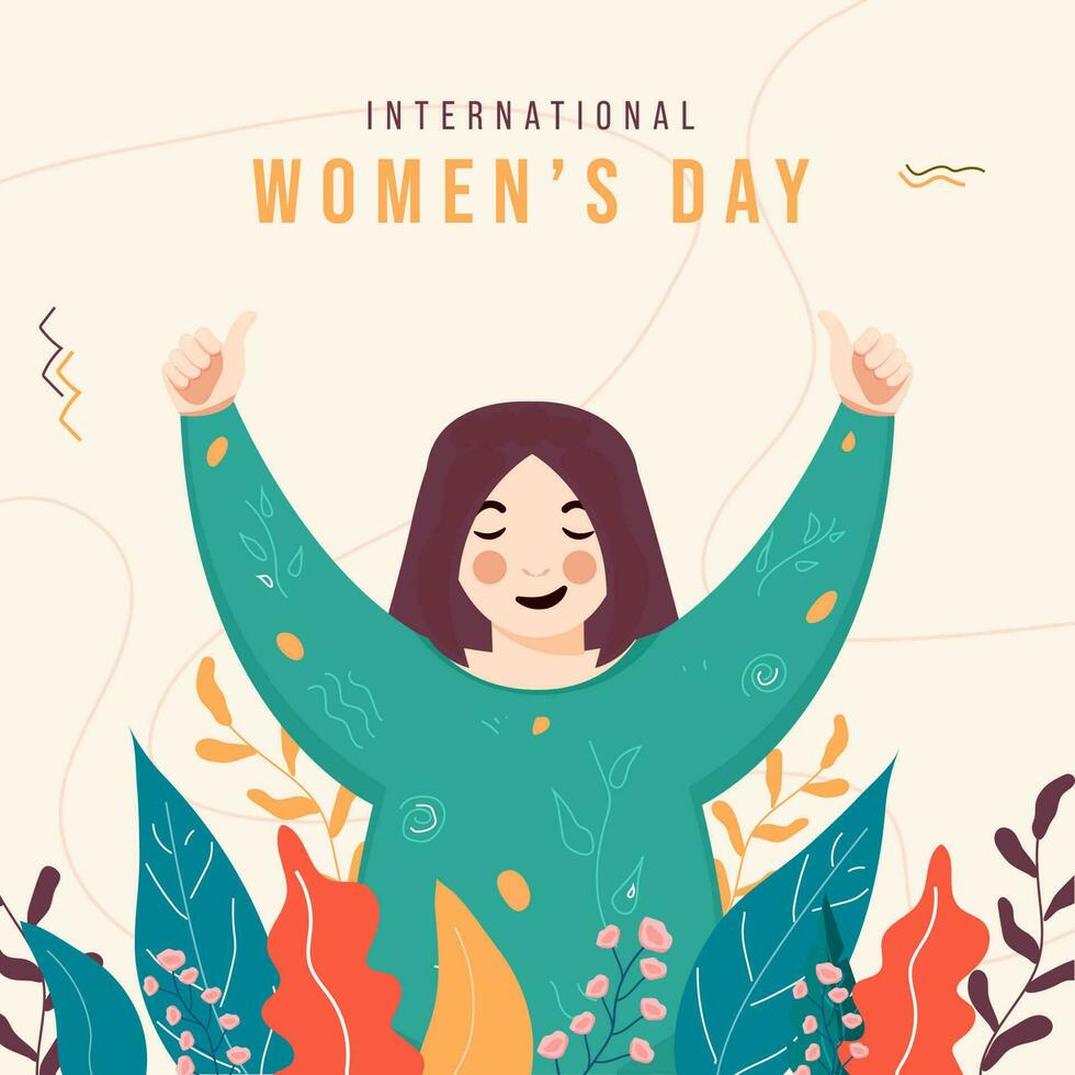 internationell kvinnors dag begrepp med ung flicka som visar tummen upp och blommig dekorerad bakgrund. vektor