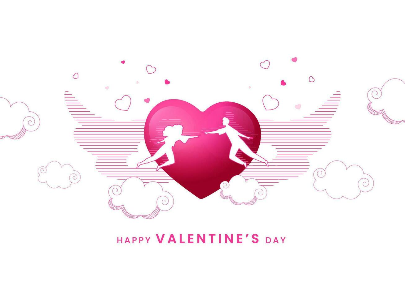 glücklich Valentinstag Tag Konzept mit Silhouette Paar und Rosa glänzend Herz Flügel auf Weiß Hintergrund. vektor