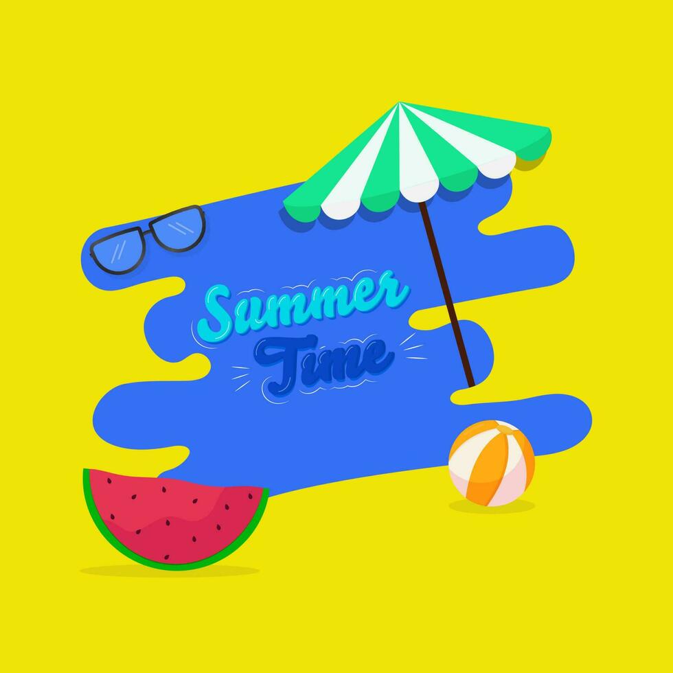 Sommer- Zeit Schriftart mit Regenschirm, Brille, Wassermelone Scheibe, Strand Ball auf Blau und Gelb Hintergrund. vektor