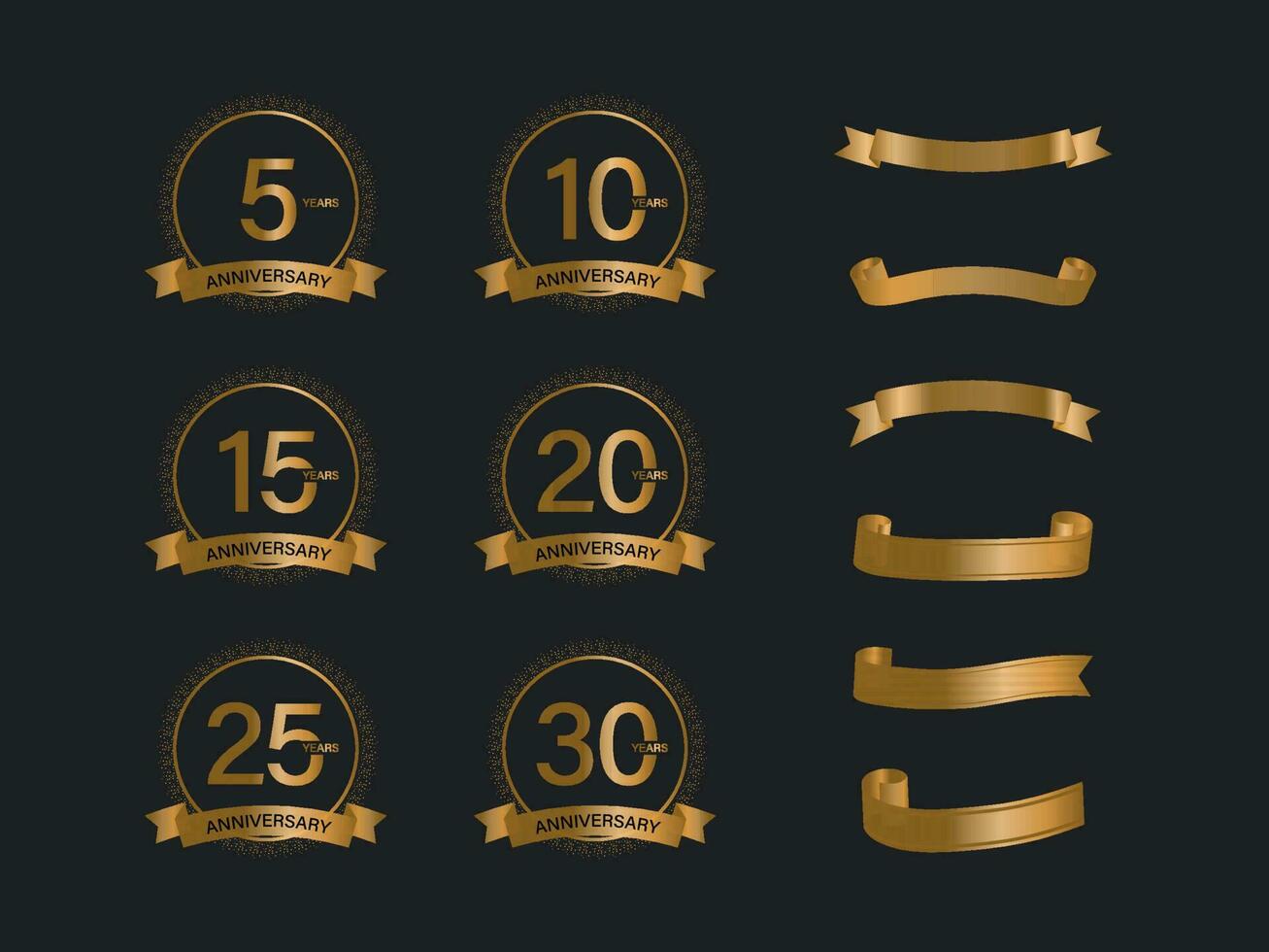 Jahrestag Emblem einstellen mit golden Band auf schwarz Hintergrund. vektor
