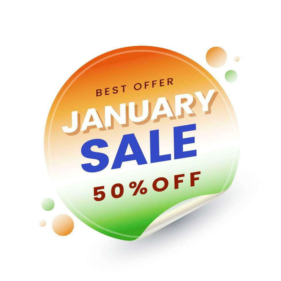 januari försäljning runda klistermärke eller märka med rabatt erbjudande i tricolor. vektor