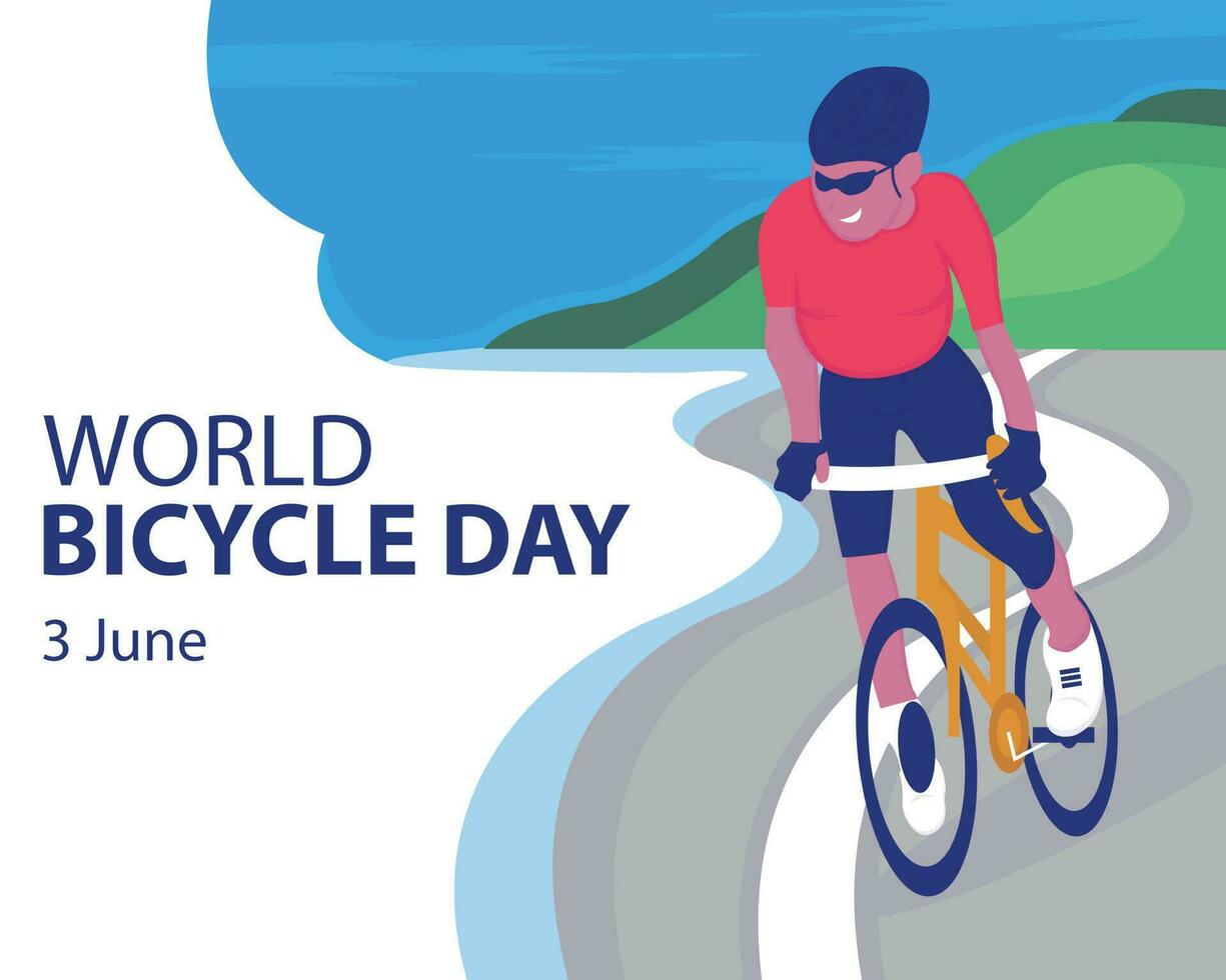 Illustration Vektor Grafik von ein Radfahrer ist Radfahren auf ein Strand Straße, perfekt zum International Tag, Welt Fahrrad Tag, zelebrieren, Gruß Karte, usw.