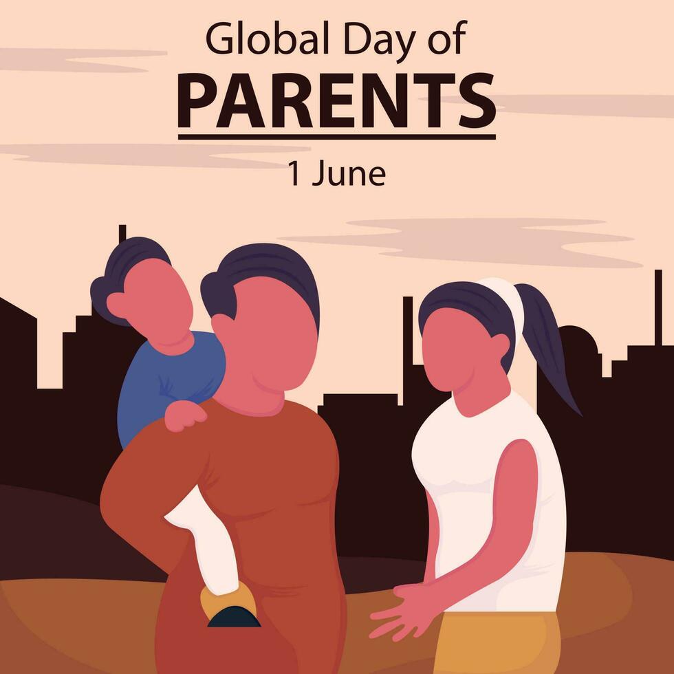 illustration vektor grafisk av en Make bärande hans barn på de tillbaka bredvid hans fru, som visar stad i de bakgrund, perfekt för internationell dag, global dag av föräldrar, fira, hälsning, etc.