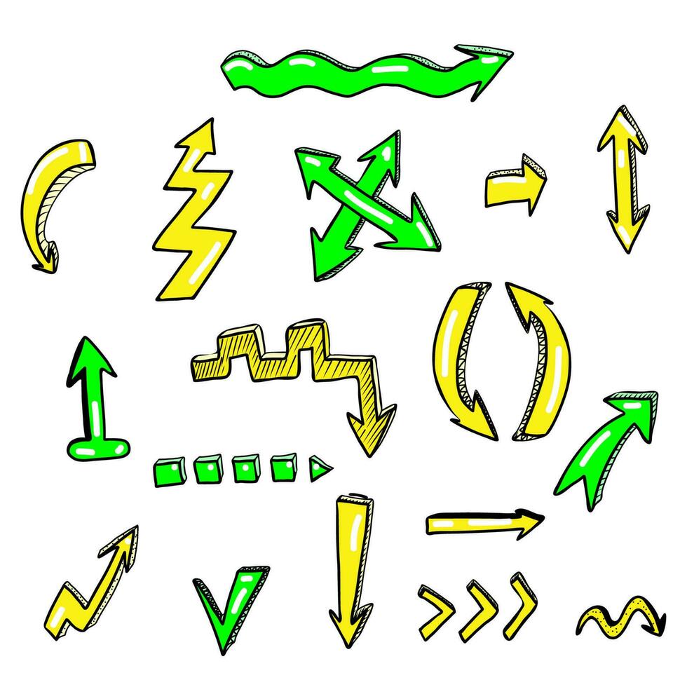 Vektor Hand gezeichnet Kritzeleien Neon- Grün und Gelb Pfeile Satz.
