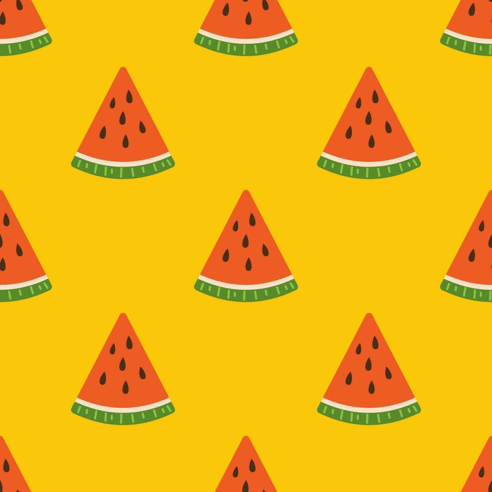 Vektor nahtlos Muster mit Wassermelone Scheiben. Scheiben von frisch Wassermelone auf Gelb Hintergrund. Sommer- Hintergrund mit frisch saftig Wassermelonen. botanisch Muster mit tropisch Früchte oder Beeren.