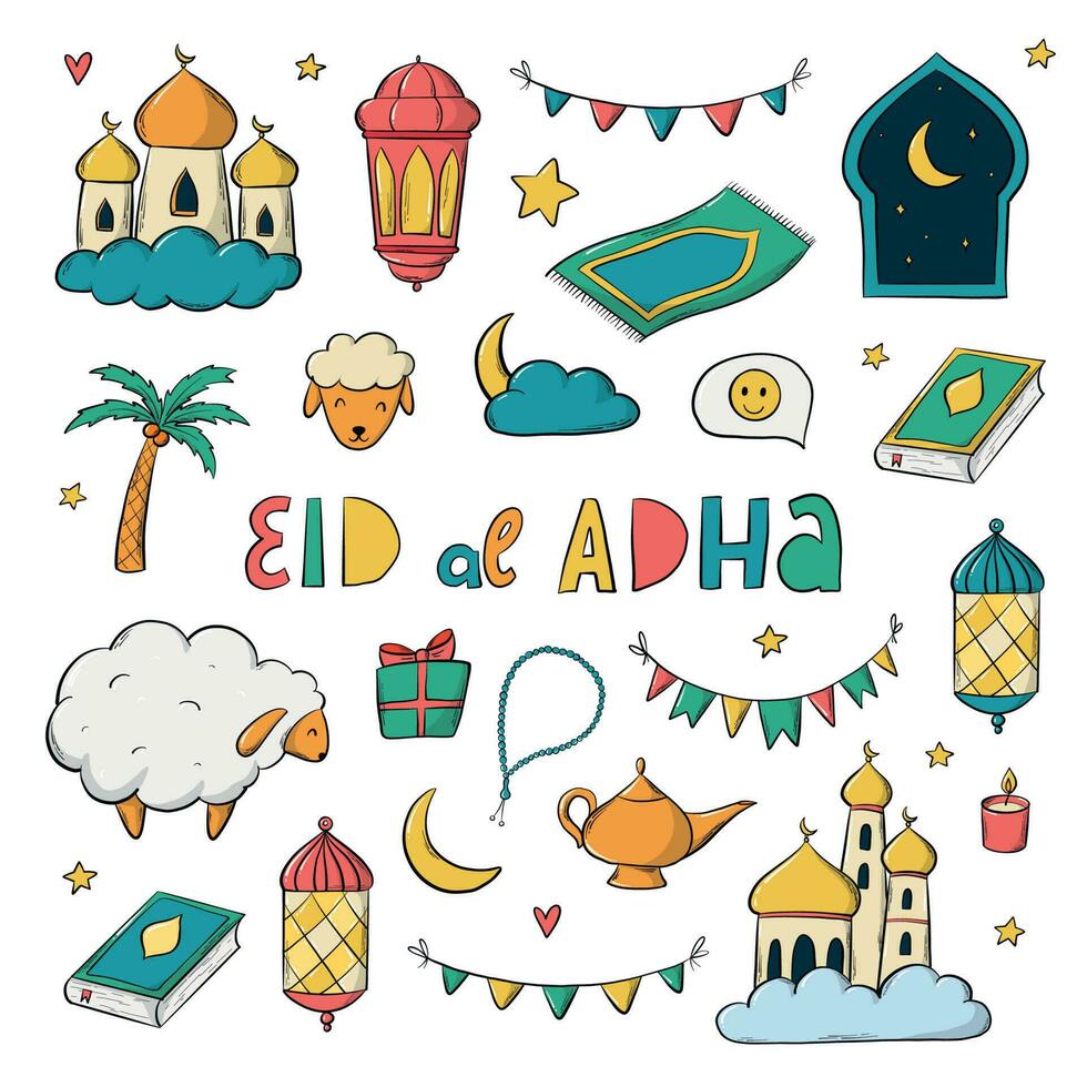 söt uppsättning av eid al Adha - fest av offra doodles, tecknad serie element, klämma konst för klistermärken, grafik, kort, affischer, sublimering, etc. eps 10 vektor