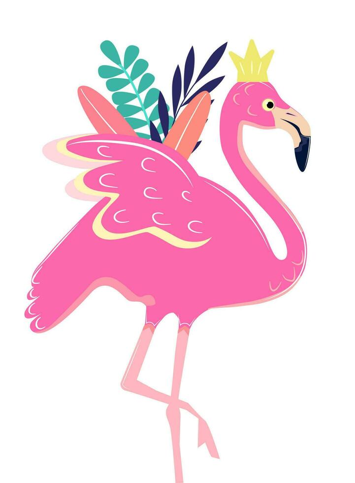 Rosa Flamingo auf ein Weiß Hintergrund. Blätter und Krone Vektor Illustration.